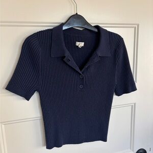 Aerie Large Cropped Navy Ribbed Knit Polo Top Quarter Button Up